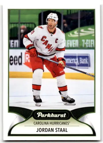 Hockey trading card of Jordan Staal in white jersey, Upper Deck Parkhurst original gloss