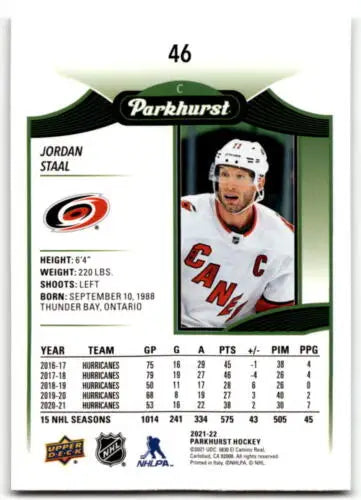 Hockey trading card of Jordan Staal, Upper Deck Parkhurst original gloss, Hurricanes