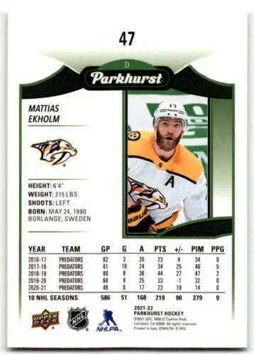 Hockey trading card of Mattias Ekholm in Upper Deck Parkhurst original gloss design