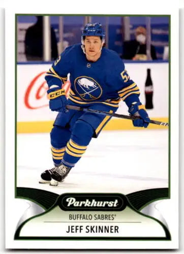 Hockey trading card of Jeff Skinner in blue uniform skating for Buffalo Sabres Upper Deck Parkhurst