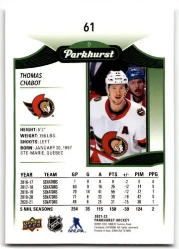 Hockey trading card of Thomas Chabot from Upper Deck Parkhurst showcasing original gloss