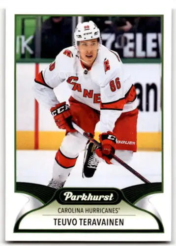 Hockey trading card of Teuvo Teravainen in original gloss Upper Deck Parkhurst jersey