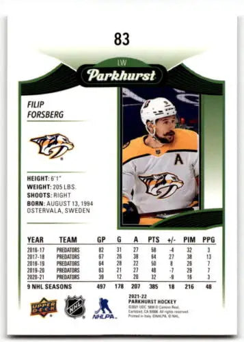 Hockey trading card of Filip Forsberg in Upper Deck Parkhurst original gloss design