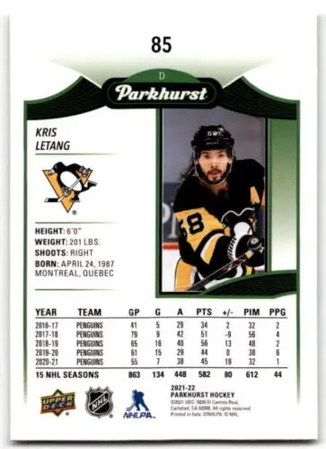 Hockey trading card of Kris Letang in black and gold, original gloss Upper Deck Parkhurst