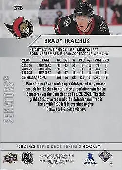 Back of 2021-22 Upper Deck Photo Variations #378 Brady Tkachuk Hockey Card