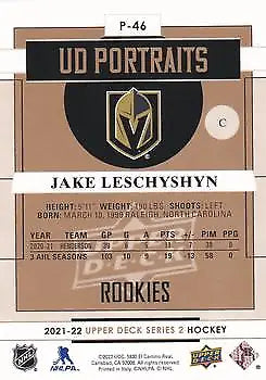 Back of 2021-22 Upper Deck Portraits Jake Leschyshyn Rookie card for Golden Knights