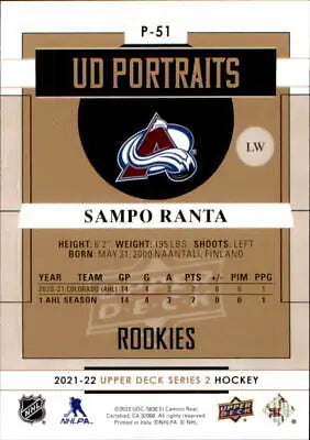 2021-22 Upper Deck Portraits Sampo Ranta Rookie Hockey Card Back Colorado Avalanche