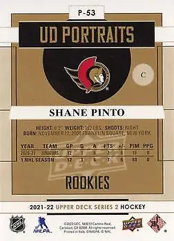 Shane Pinto Rookie Ottawa Senators 2021-22 Upper Deck Portraits hockey card NM-MT