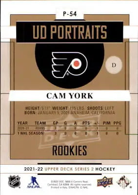 Cam York hockey card from Upper Deck Portraits #P54 for Philadelphia Flyers fans