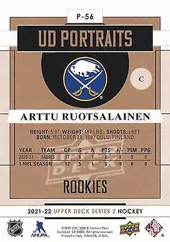 Hockey card back of 2021-22 Upper Deck Portraits Arttu Ruotsalainen Rookie Buffalo Sabres