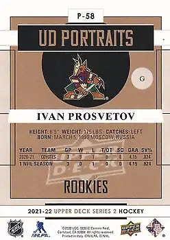 Hockey card showcasing Ivan Prosvetov stats from Upper Deck Portraits series