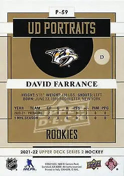 Hockey card featuring 2021-22 Upper Deck Portraits #P59 David Farrance Rookie Predators