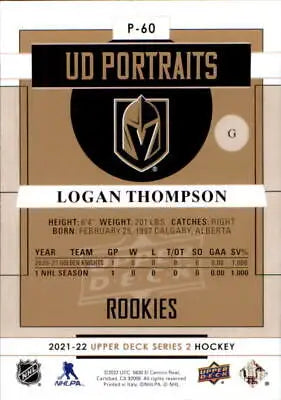 Hockey card back of 2021-22 Upper Deck Logan Thompson Rookie Golden Knights NM-MT