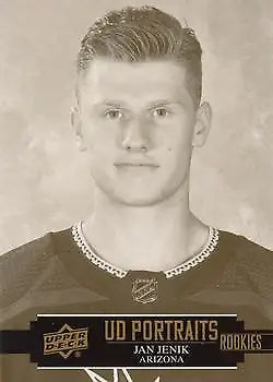 Black and white hockey portrait of Jan Jenik with Upper Deck Portraits Rookies text