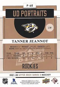 2021-22 Upper Deck Portraits P65 Tanner Jeannot Rookie NHL Card for Predators fans