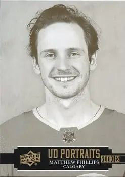 Black and white hockey trading card of Matthew Phillips in Calgary Flames jersey from Upper Deck Portraits