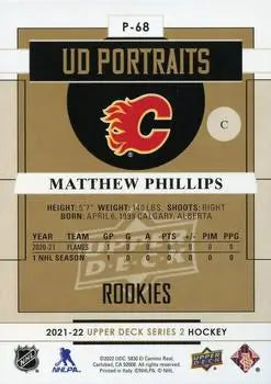 Hockey trading card of Matthew Phillips featuring Calgary Flames logo from Upper Deck Portraits