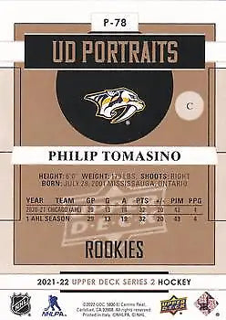 Back of 2021-22 Upper Deck Portraits P78 Philip Tomasino Rookie Hockey Card