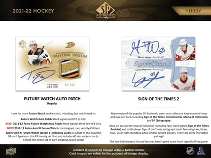 Hockey trading card ad featuring Autographed Future Watch and memorabilia patches