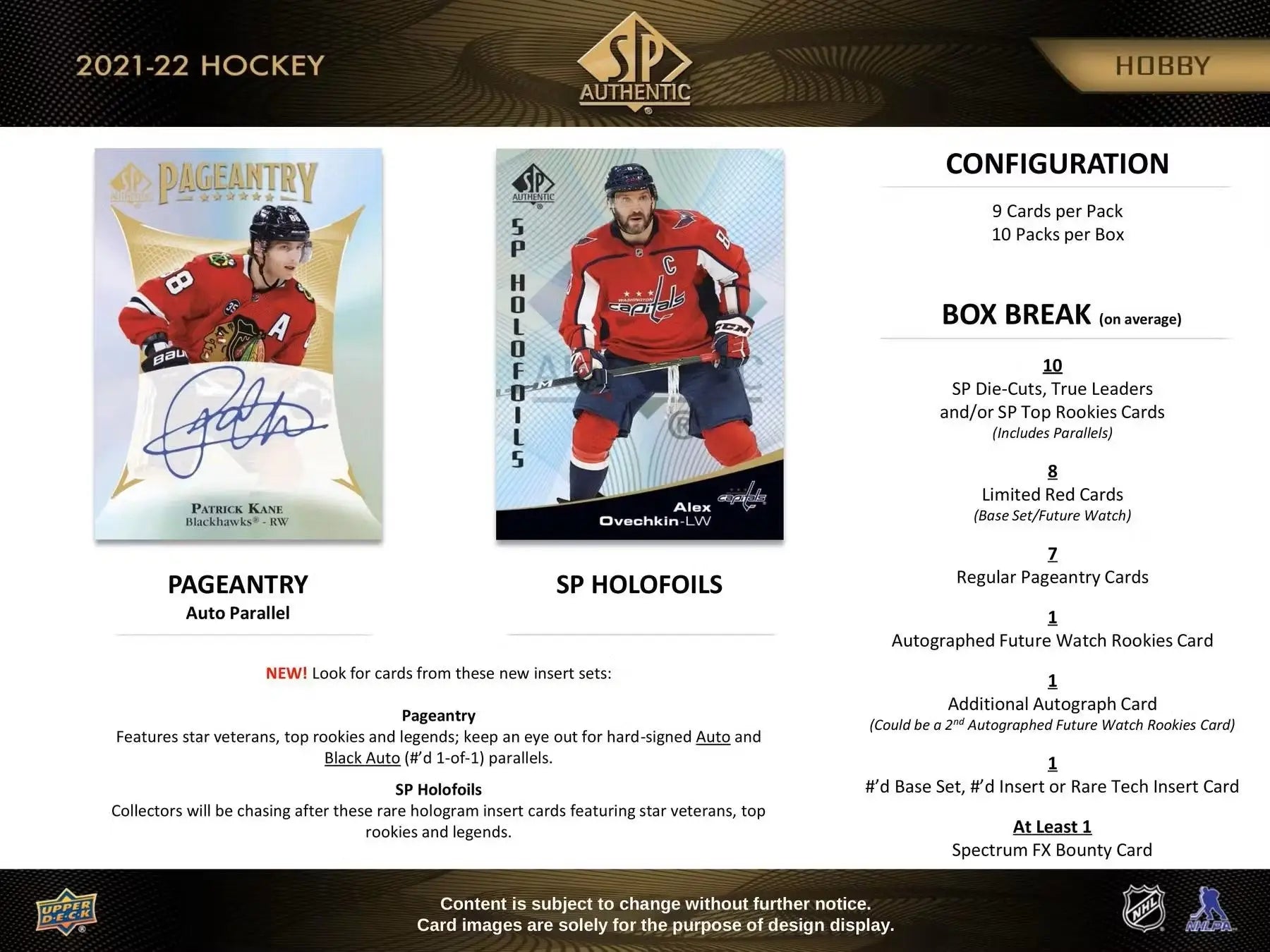 Product advertisement card for 2021-22 SP Authentic Hockey featuring autographed future watch details