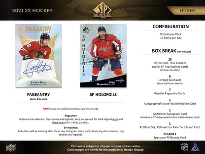 Product advertisement card for 2021-22 SP Authentic Hockey featuring autographed future watch details