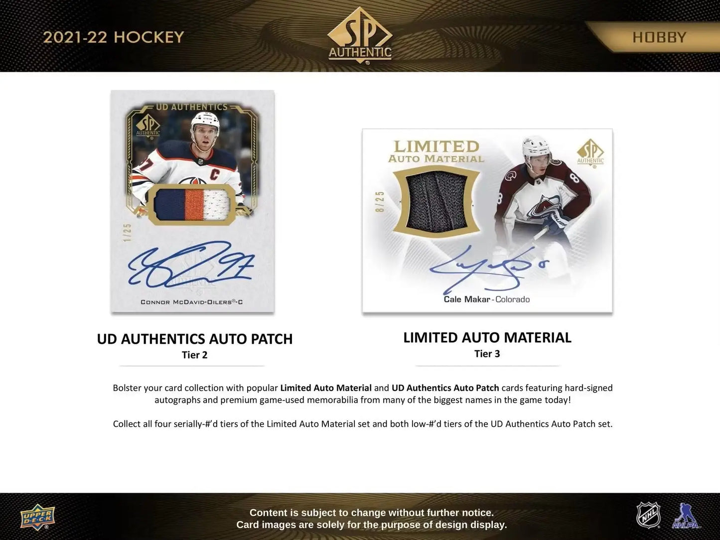 Hockey trading card ad featuring autographed future watch memorabilia cards with jersey patches