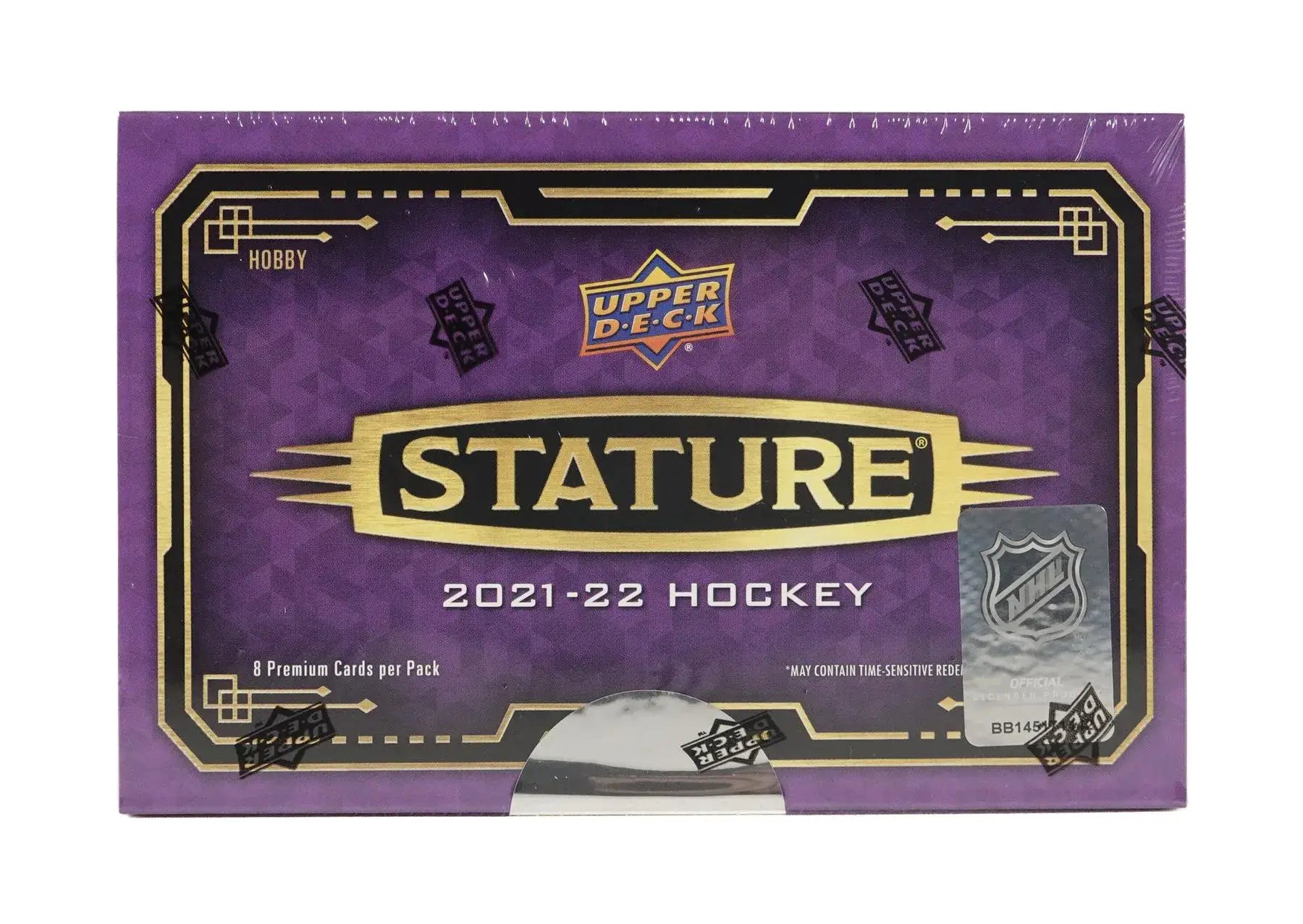 Purple and gold Upper Deck Stature NHL hockey card box featuring base set rookies