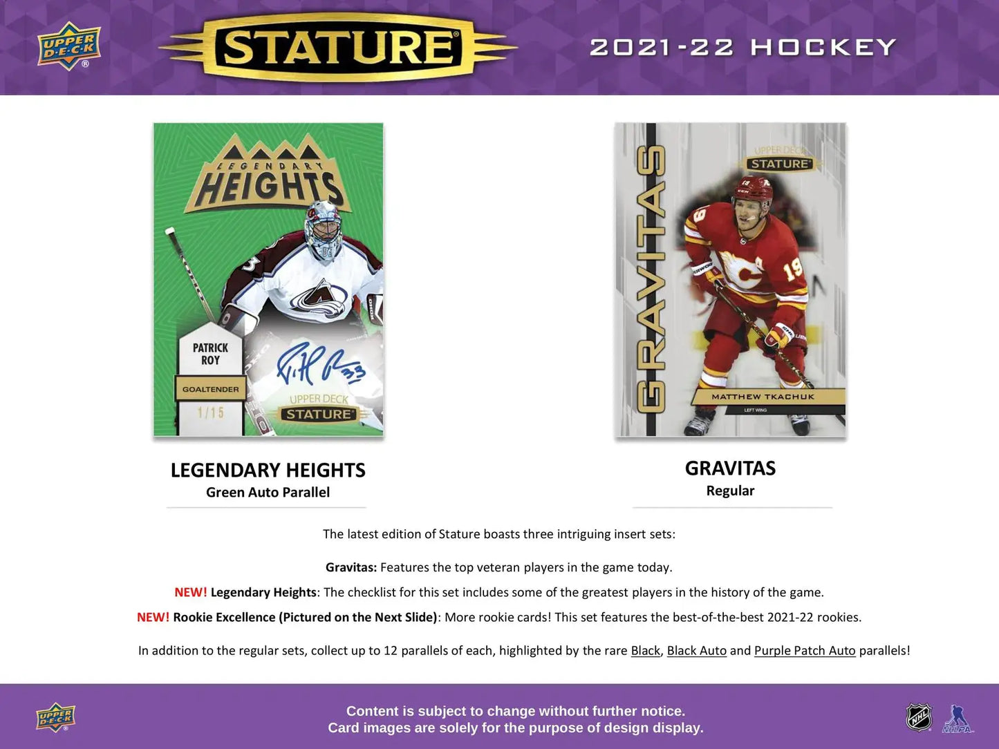 Product advertisement for 2021-22 Upper Deck Stature Hockey showing auto parallel cards