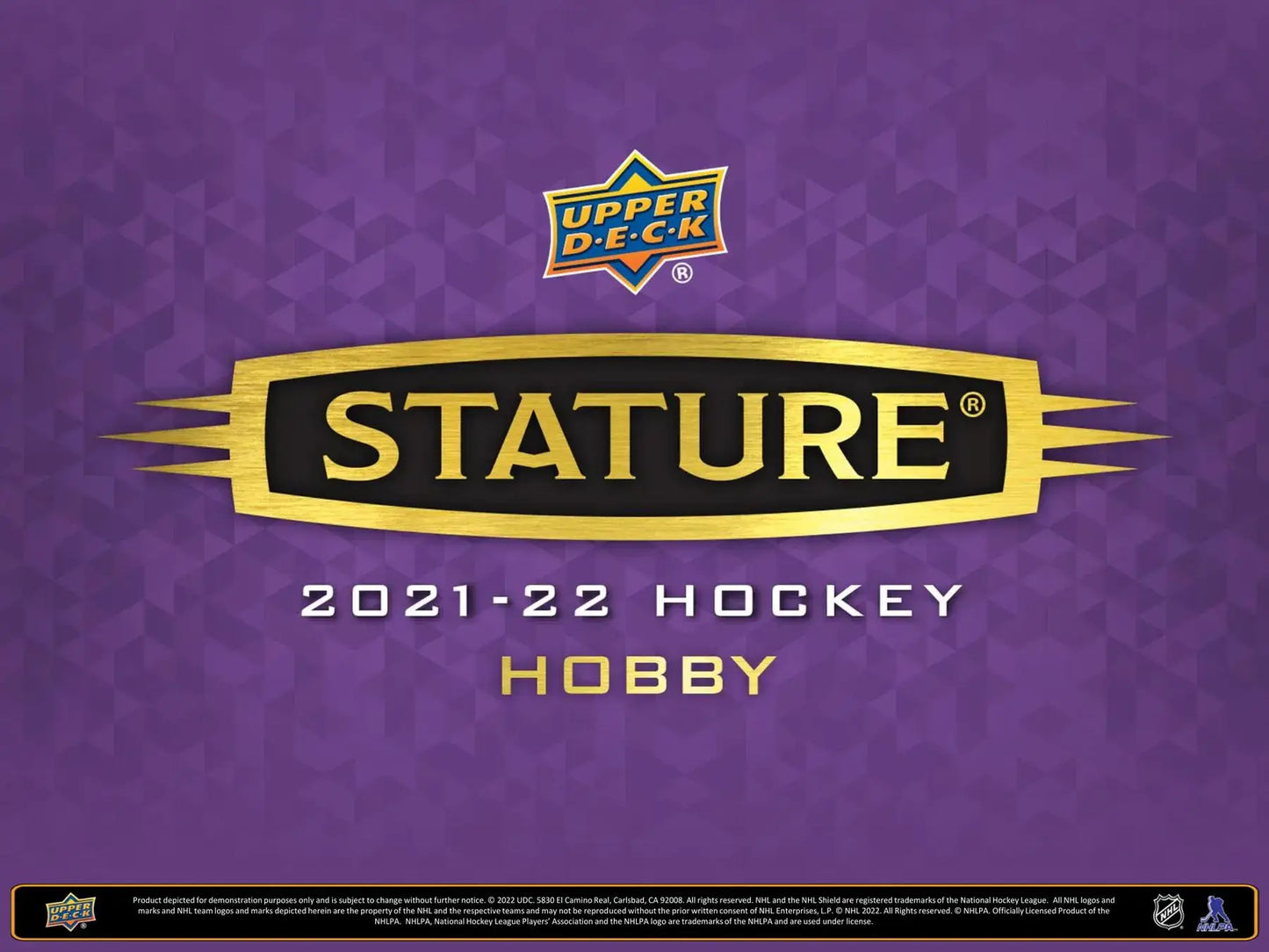 Upper Deck Stature Hockey Hobby logo in gold on purple, featuring base set rookies