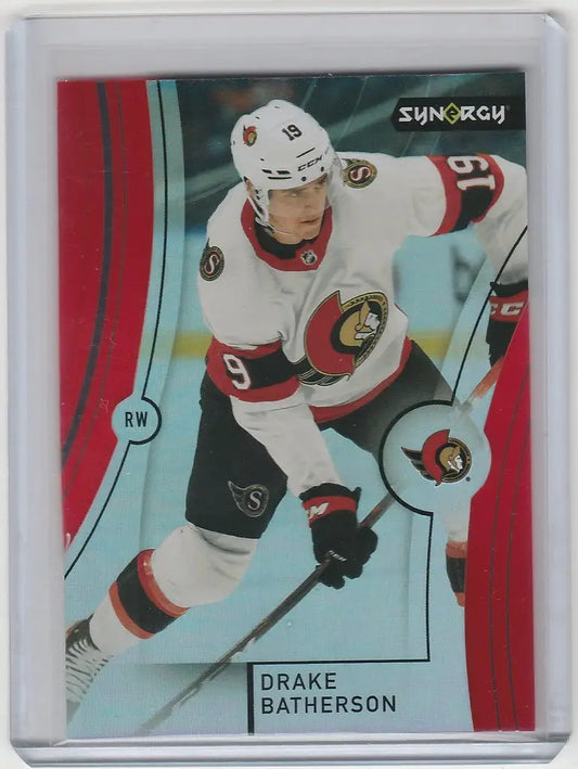 Hockey trading card of Drake Batherson Senators from Upper Deck Synergy Red Parallel