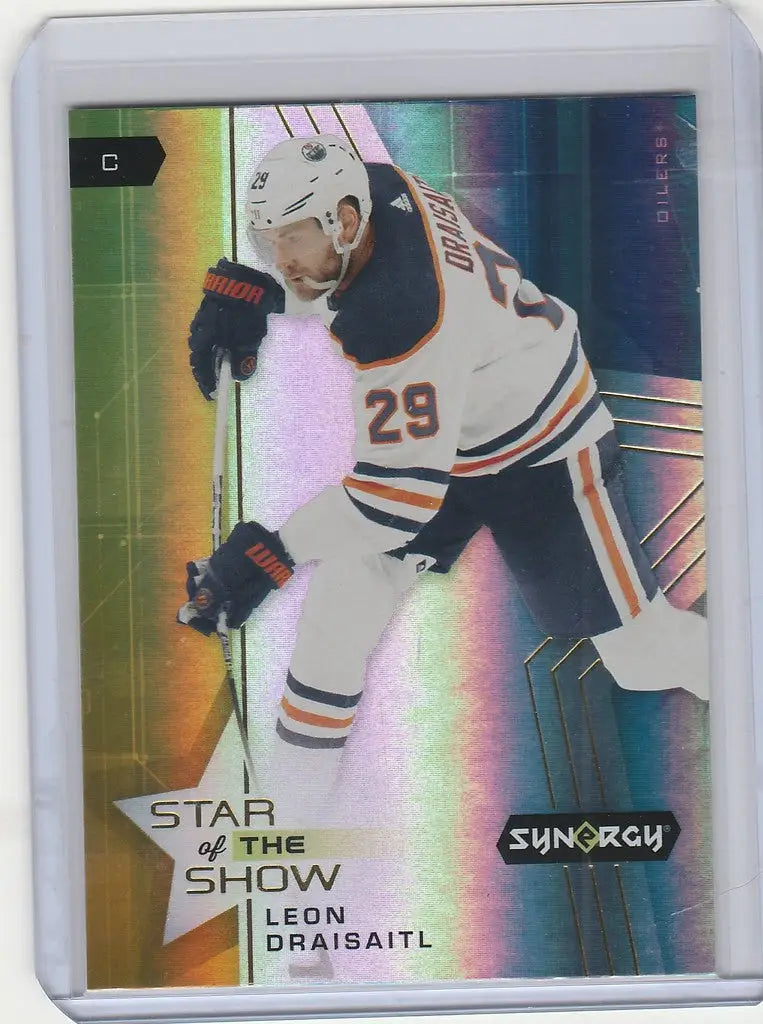 Hockey trading card of Leon Draisaitl in Oilers white jersey, Upper Deck Synergy SOS4