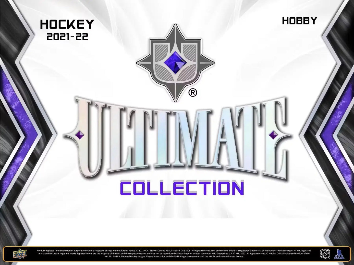 Silver and purple Ultimate Collection hockey card logo in 2021-22 Upper Deck Hobby Box