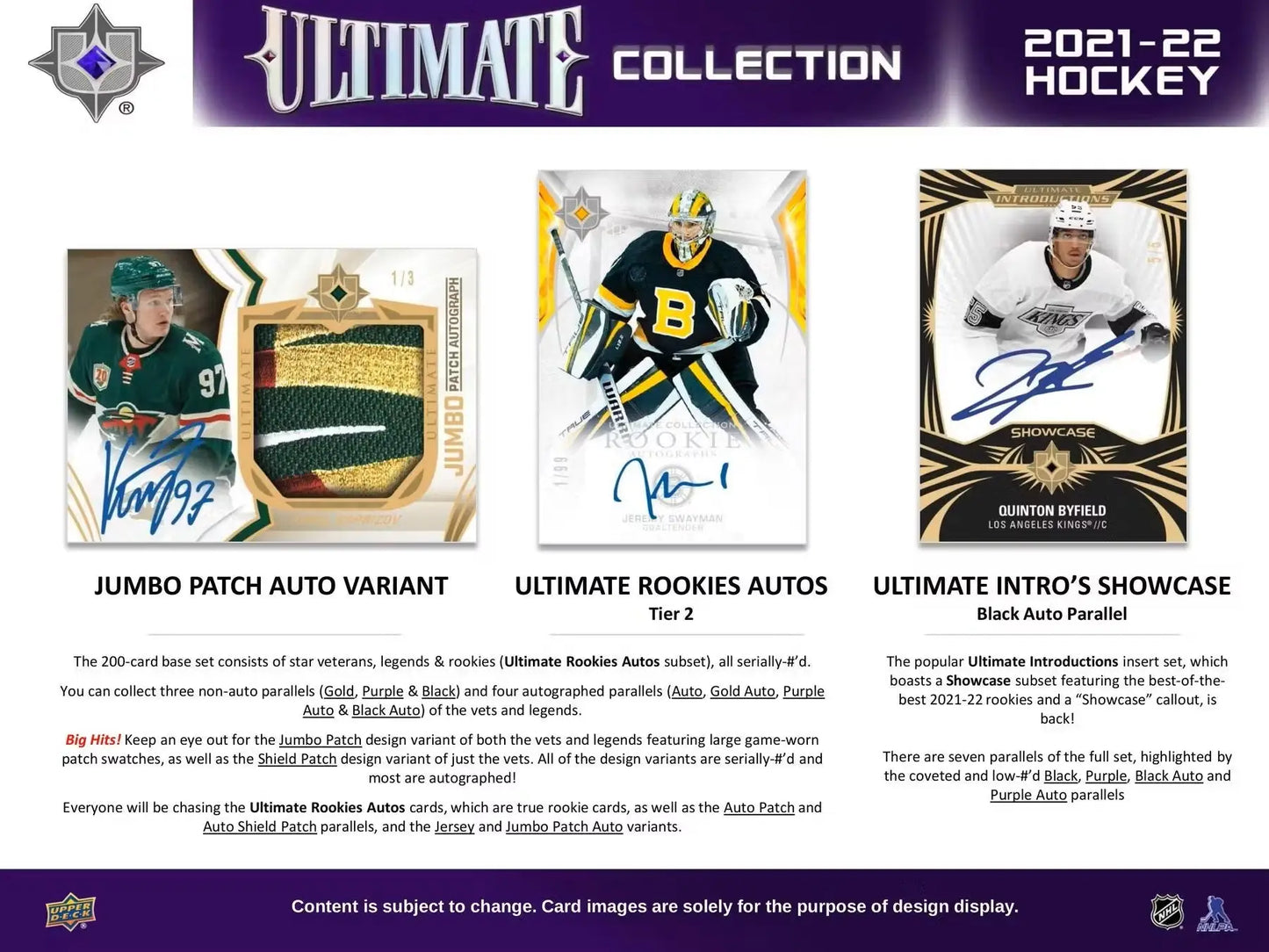 Marketing preview card displaying three hockey trading cards with autographs and jersey patches