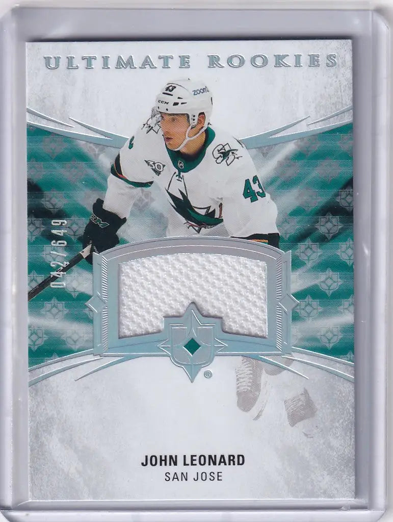 Hockey trading card of John Leonard from San Jose Sharks with swatch, Upper Deck Ultimate Relic