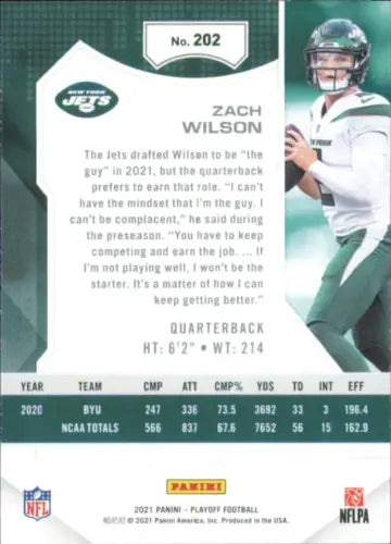 Zach Wilson Rookie New York Jets Football Card from 2021 Playoff #202 NM-MT condition