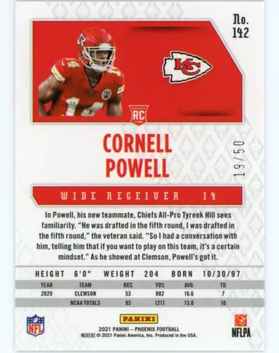 Cornell Powell Rookie KC Chiefs Football Card Panini Phoenix Fire and Ice /50 NM-MT