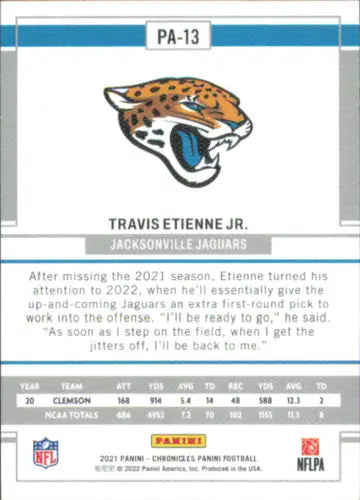 Football card back of 2021 Panini Chronicles Panini Pink Travis Etienne Rookie Jaguars