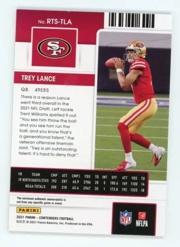 Trey Lance football card from 2021 Panini Contenders Rookie Ticket Swatches 49ers NM-MT