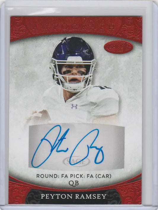 Football trading card of Peyton Ramsey Northwestern in white jersey with Aspire Red Auto