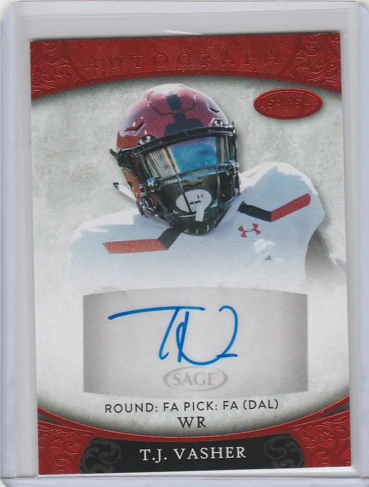 Aspire Red Auto TJ Vasher Texas Tech Dallas Cowboys trading card with autograph and helmet image