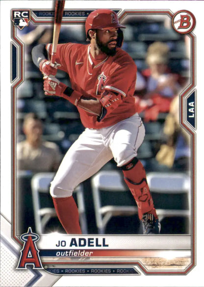 Los Angeles Angels baseball card of Jo Adell batting in red uniform 2021 Bowman #10