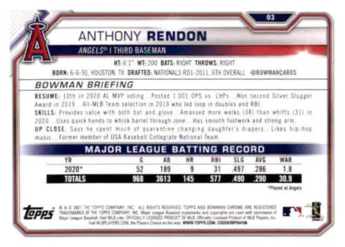 2021 Bowman #93 Anthony Rendon NM-MT Angels baseball card with original gloss features