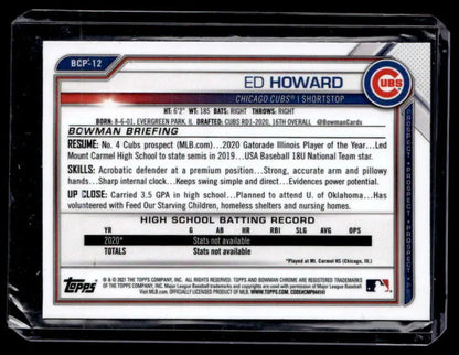 Baseball card of Ed Howard, 2021 Bowman Chrome Prospects, Chicago Cubs player