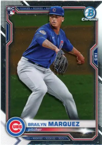 Brailyn Marquez in blue uniform on 2021 Bowman Chrome Chicago Cubs baseball card