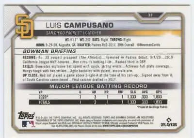 Luis Campusano baseball card 2021 Bowman Chrome original gloss NM-MT RC Padres