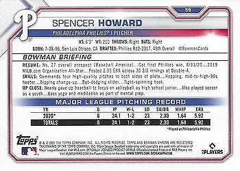 Spencer Howard 2021 Bowman Chrome Rookie baseball card Philadelphia Phillies NM-MT