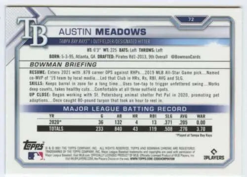 Baseball card back of 2021 Bowman Chrome #72 Austin Meadows NM-MT Rays with original gloss