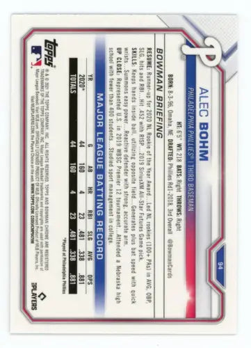 Alec Bohm Rookie Baseball Card from 2021 Bowman Chrome #94 for Philadelphia Phillies