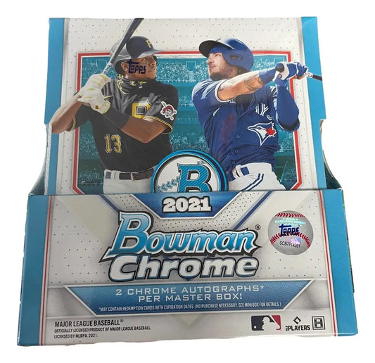 2021 Bowman Chrome Baseball Hobby Box featuring player images and potential autographs