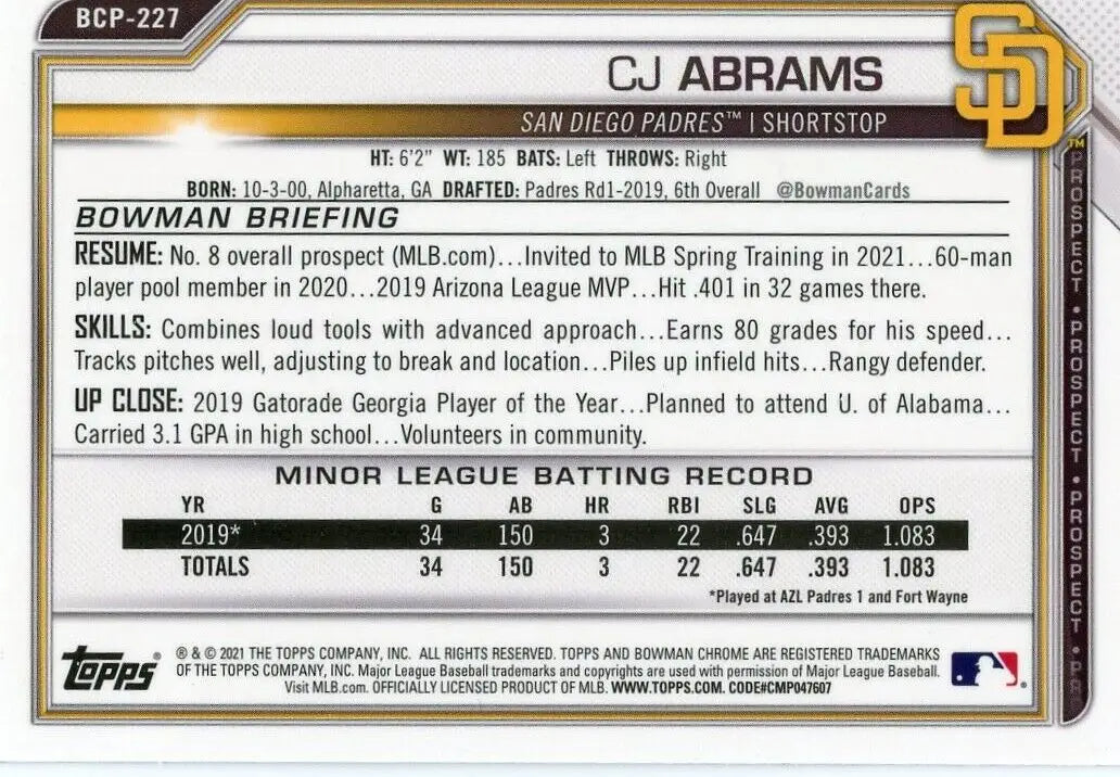 2021 Bowman Chrome CJ Abrams San Diego Padres Baseball Card #BCP-227 NM quality